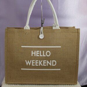 Hello Weekend Jute Tote Bag – Eco-Friendly Burlap Shoulder Bag with White Handle
